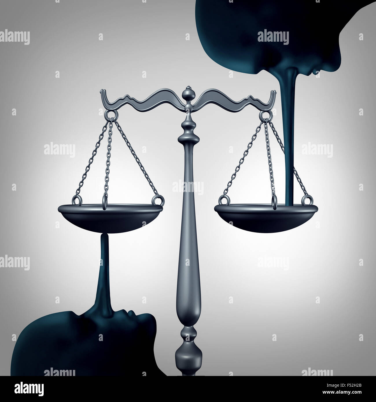 Liegende Konzept der Gerechtigkeit und Meineid Symbol als Gesetz Skala wird ausgeglichen durch die lange Nase des Liers, Falschaussagen und Lügen des Rechtssystems als Metapher für Unehrlichkeit und Mangel an Integrität zu begehen. Stockfoto