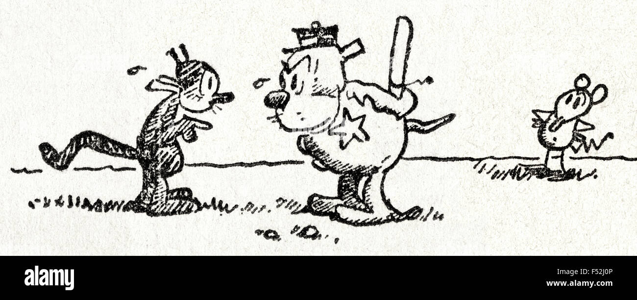 Hoher Auflösung scannen von einem 1920-Comic von George Herriman, zeigen die Zeichen Krazy Kat, Offisa Bull Pupp und Ignatz Mouse. Digital kombiniert aus zwei getrennten Platten. Stockfoto
