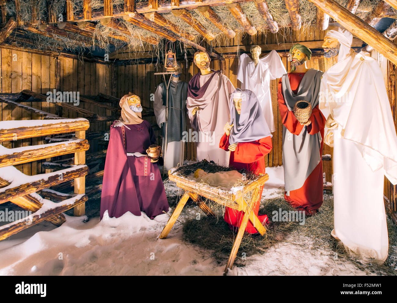 Holly Szene aus der Scheune, wo Jesus geboren wurde Wachs Zeichen In der Scheinwerfer Stockfoto