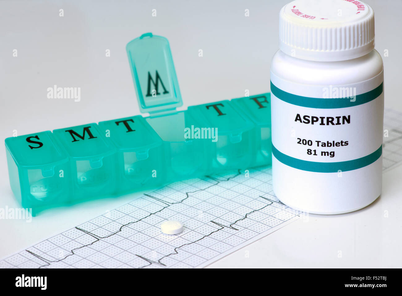 Täglich Aspirin mit EKG und MedikamentenDispenser Stockfotografie Alamy