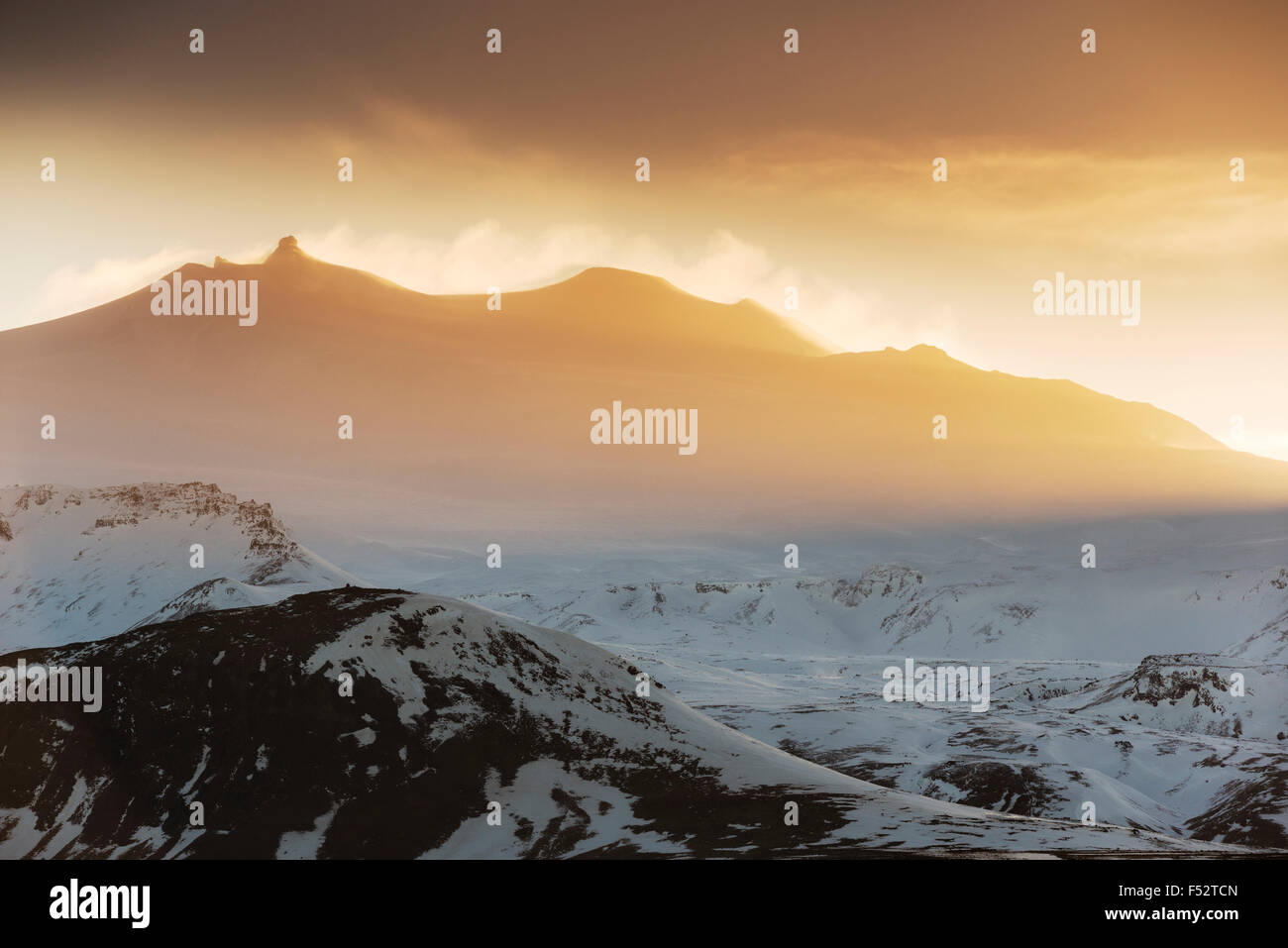 Island, Snaefallsnes, Jökull, Licht, Sonne, Warm, rot, gelb, Berg, Gipfel, Gletscher, Stockfoto