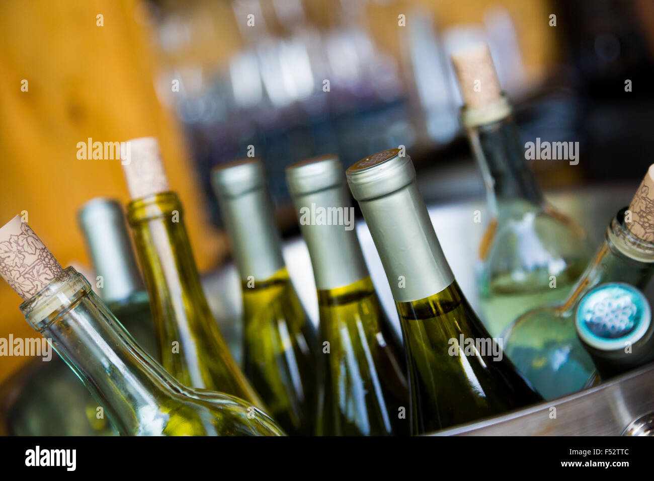 Hochzeitsfeier getränke Weißwein in Flaschen kühlen für die Gäste. Stockfoto