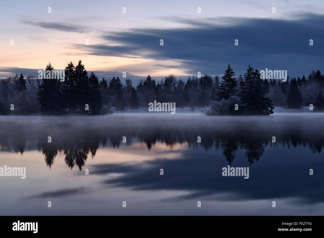 Auensee, Wolken, Morgen, Atmosphäre, Nebel, Deutschland, dunkel, blau, Twilight Stockfoto