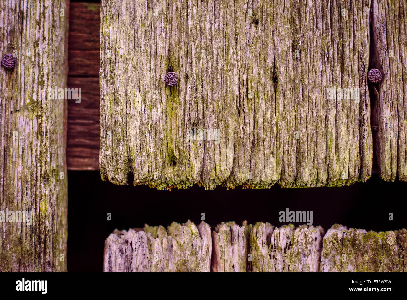 Holz Detail Texturen auf der Seite einer alten Scheune Stockfoto