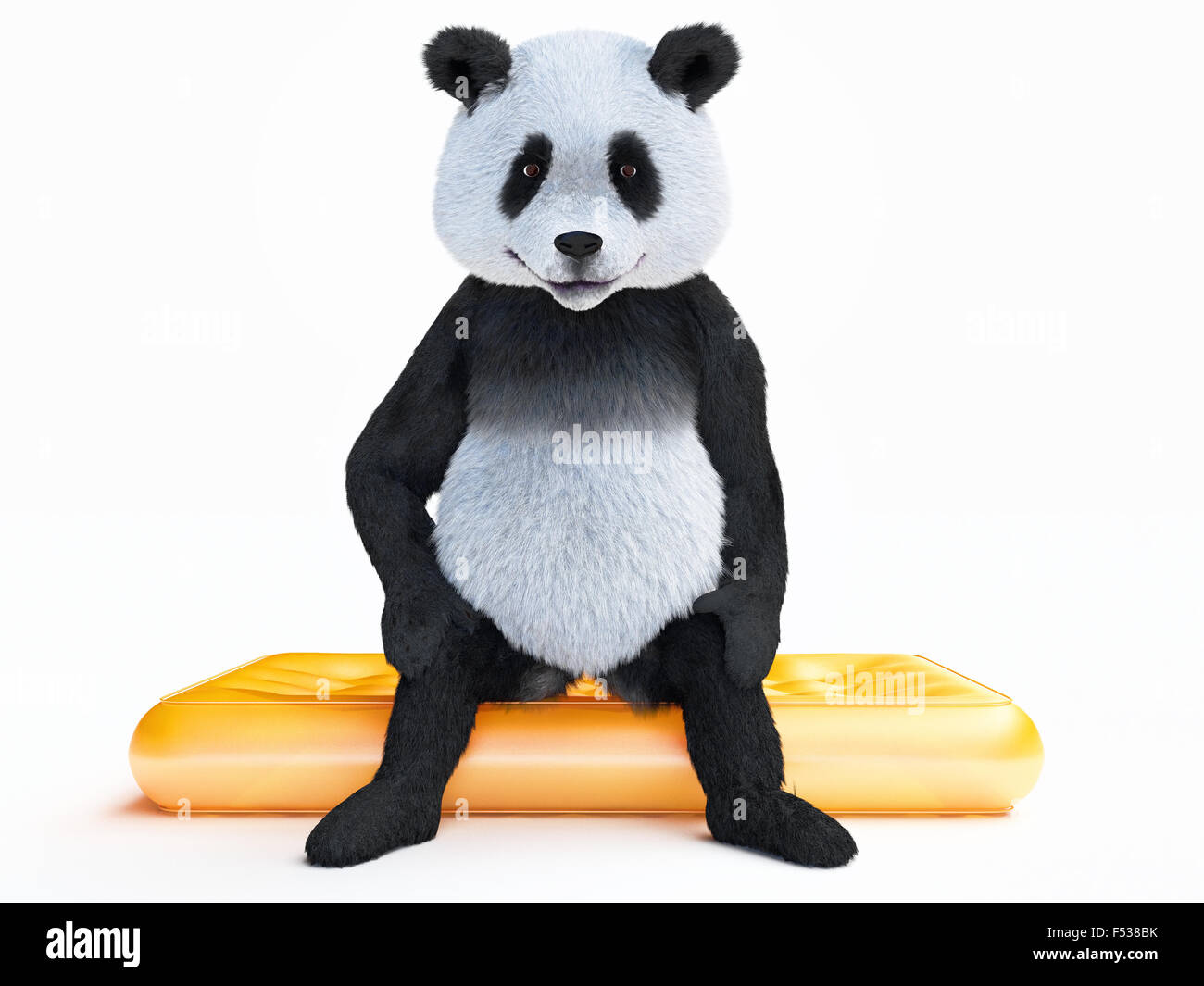 fokussierten Charakter Panda sitzt mit seinem Rücken flach auf orange transluzent aufblasbare Matratze. Säugetier Tier auf Bett ausruhen. Render Stockfoto