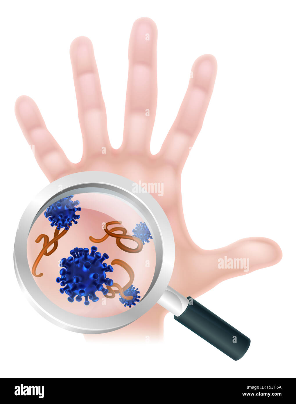 Hand waschen Lupe Bakterien Virus Hand Konzept einer Lupe Zoomen auf Viren oder Bakterien Zellen auf ein ein Han Stockfoto