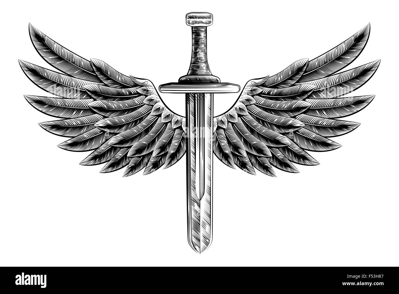 Original Vintage Holzschnitt-Illustration Stil Schwert mit Adler Vogel oder Engel Flügel Stockfoto