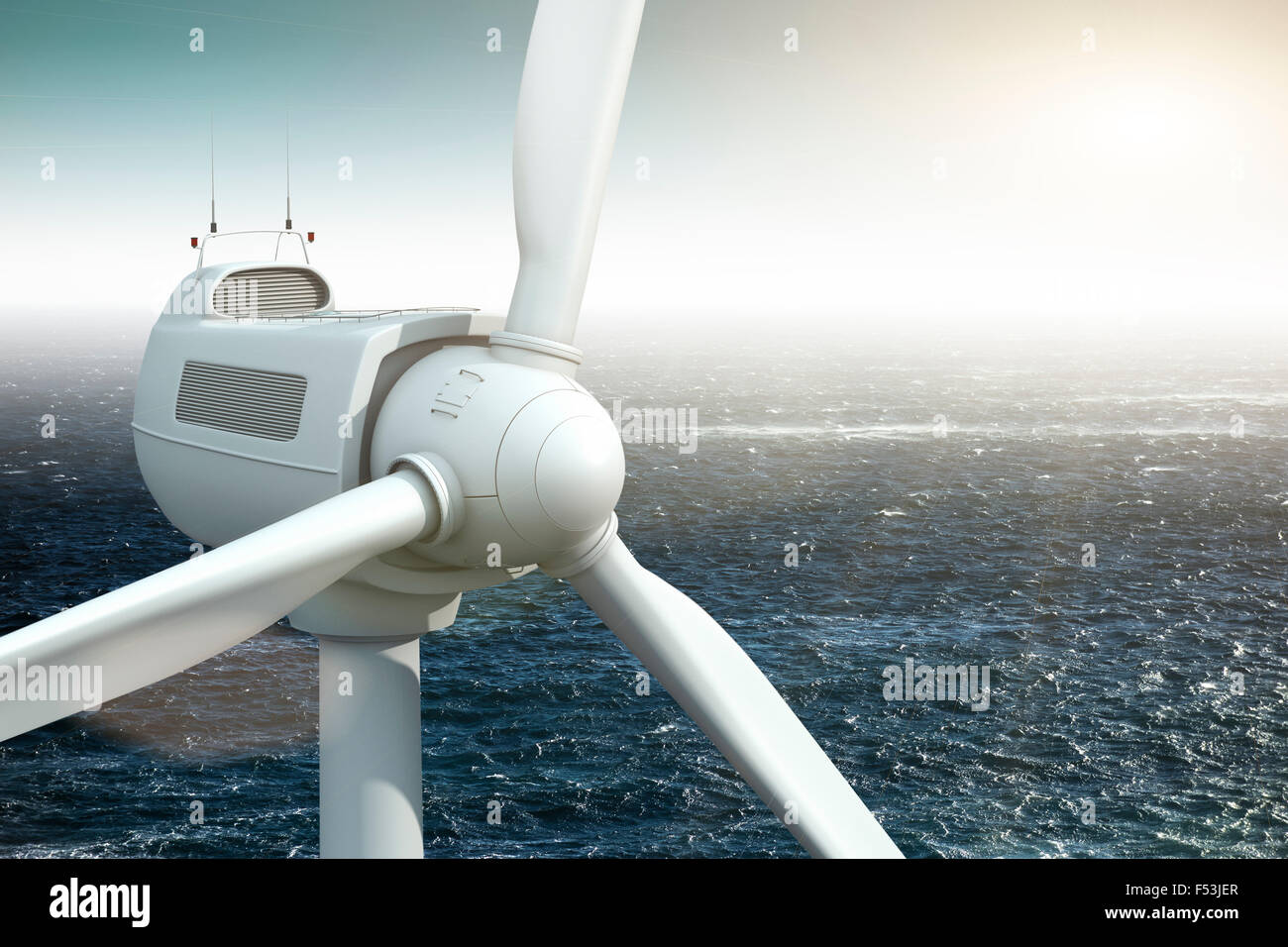 3D, CGI, [M], Symbol, Energie, Windpark, Ökostrom, Windturbine, Meer Stockfoto