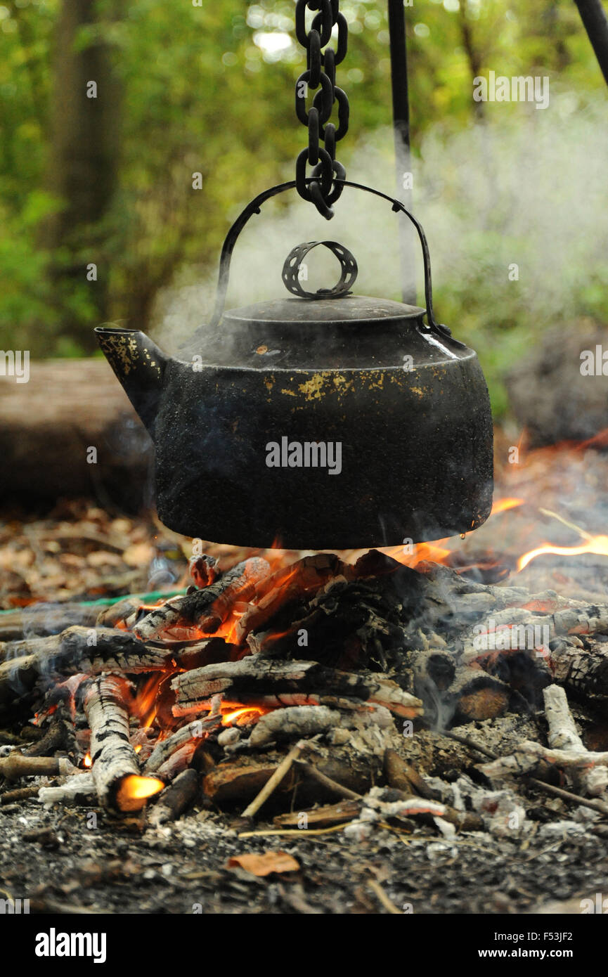 Wasserkocher Kochen über offenem Feuer im Wald Stockfoto