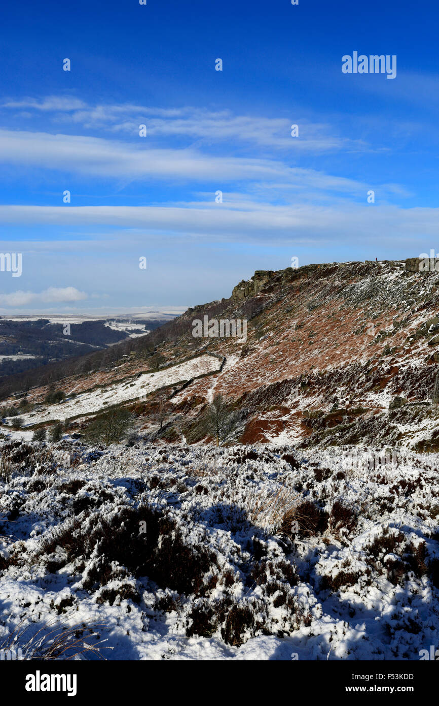 Januar, winter Schnee Ansicht über Curbar Rand; Derbyshire County; Peak District National Park; England; UK Stockfoto