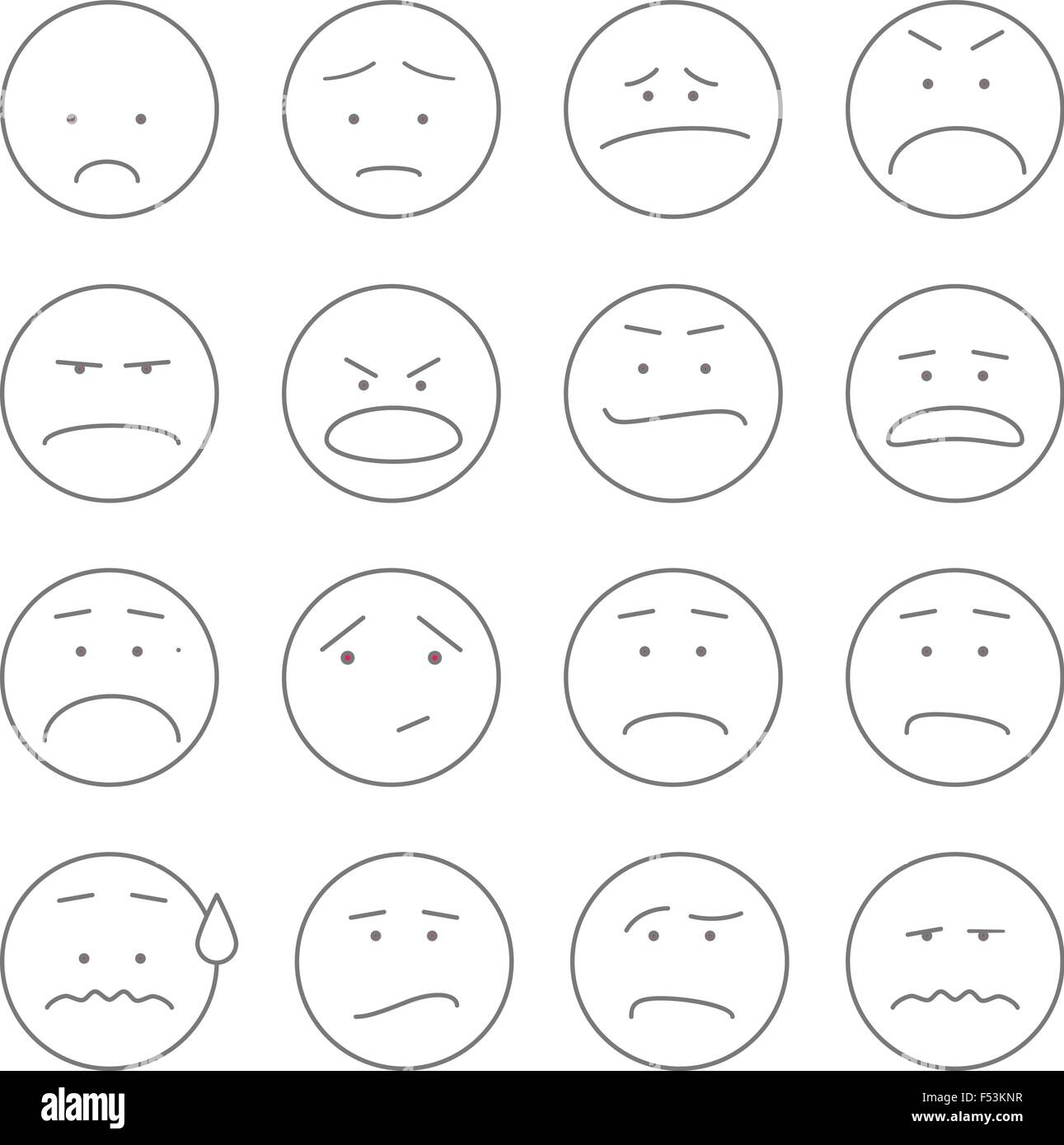 Satz von 16 Emoticons oder Smileys, jedes mit einem anderen Gesichtsausdruck und Emotion, skizzierte Umriss auf weiß Stock Vektor