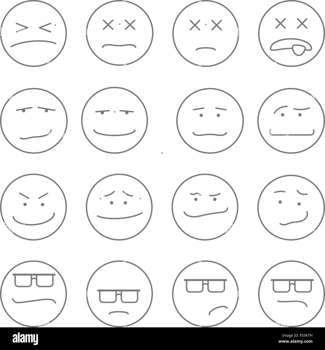 Satz von 16 Emoticons oder Smileys, jedes mit einem anderen Gesichtsausdruck und Emotion, skizzierte Umriss auf weiß Stock Vektor