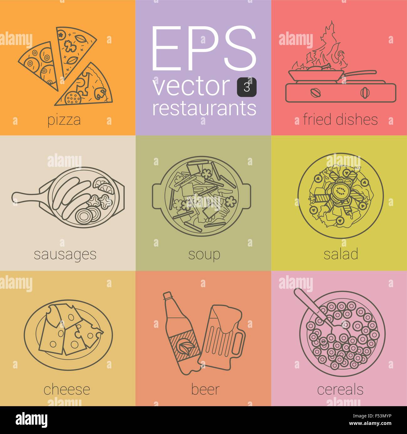 einzigartiges Restaurant Satz dünne Konturlinie Vektor-Icons. Piktogramme-Thema: Gastronomie, Ernährung. Kit-verschiedene Menü-Kategorien in Stock Vektor