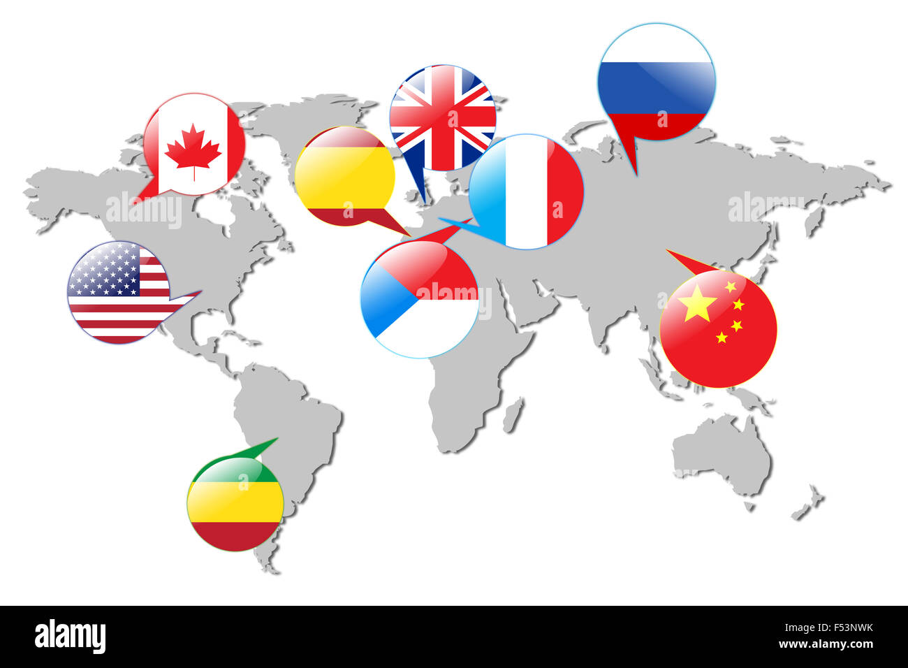 Flaggen verschiedener Länder auf die weiße Karte. Stockfoto