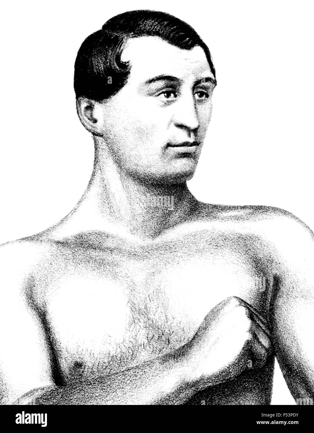 Vintage Porträt des englischen bloßen Fäusten Boxer Tom Sayers (1826-1865). Sayers, geboren in Brighton, Sussex, hatte seinen ersten professionellen Kampf im Jahre 1849 und beansprucht den Titel der Meister von England im Jahre 1857 durch das Besiegen von William "The Tipton Slasher" Perry. Er verteidigte den Titel viermal, bevor bekanntlich auf American Champion John C Heenan (1834-1873), wobei den Spitznamen "The Benicia Boy", in was gilt als die erste jemals "Weltmeisterschaft" Kampf am Farnborough, Hampshire, England, am 17. April 1860 - einen Kampf, der nach 42 Runden in einem Unentschieden endete. Stockfoto