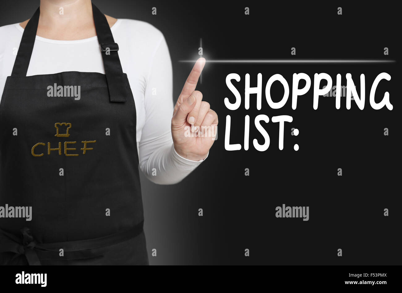 -Shopping Liste Hintergrund Koch betriebenen Touchscreen-Konzept. Stockfoto