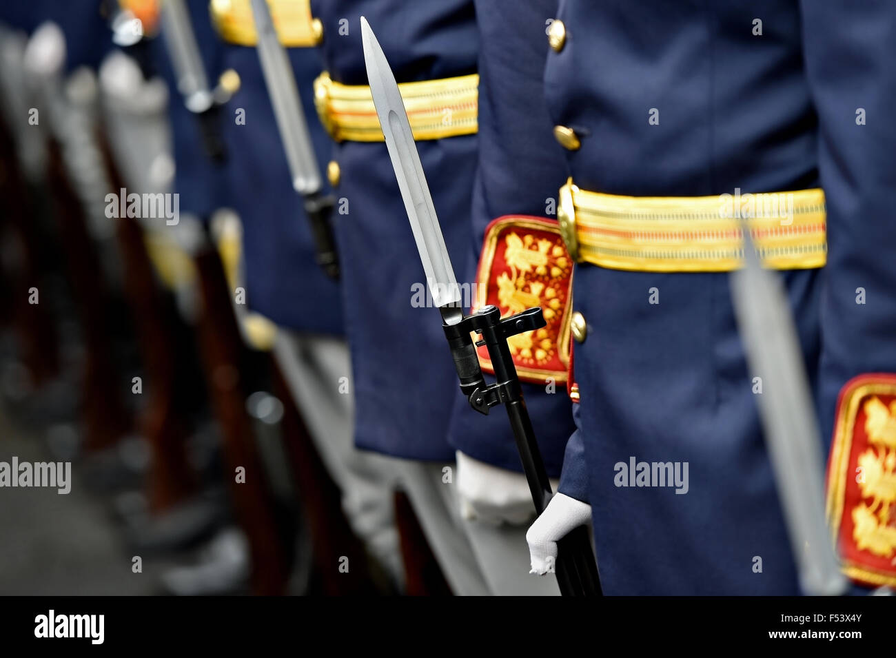 Detail mit der Hand eines Soldaten auf einem Bajonett Gewehr in Ruhestellung während einer Militärparade Stockfoto