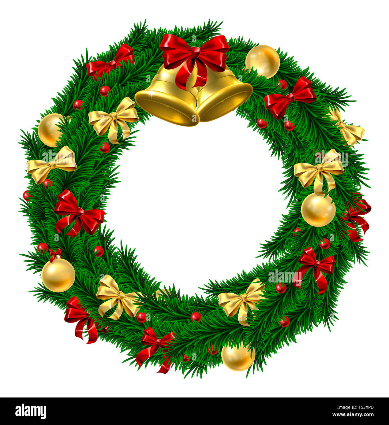 Eine Weihnachtsdekoration Tür Kranz mit gold und roten Schleifen und Bänder, Beeren der Stechpalme, gold Christbaumkugel Dekorationen und gold Glocken Stockfoto