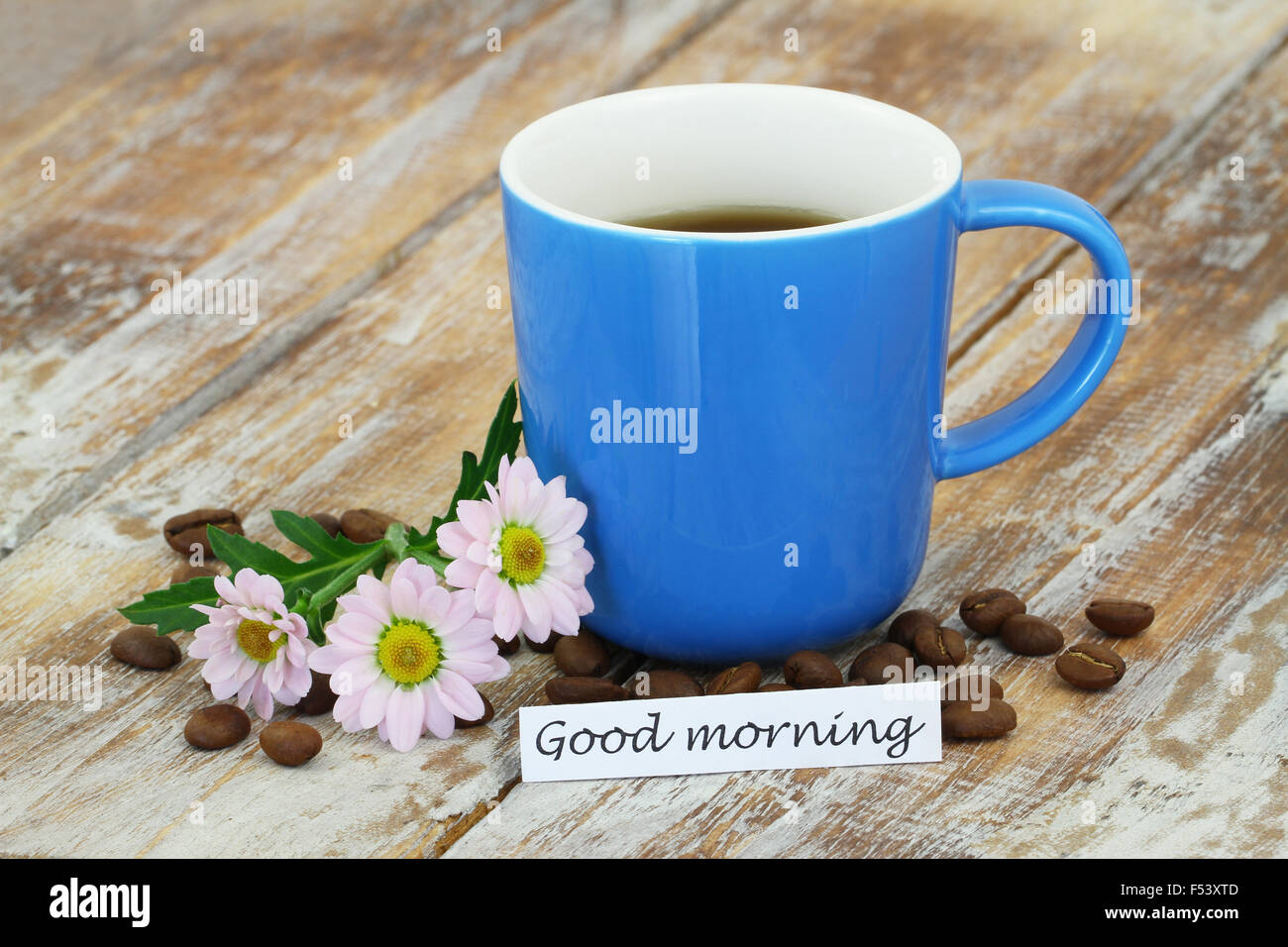 Guten Morgen Karte mit Becher Kaffee, rosa Gänseblümchen mit Textfreiraum Stockfoto