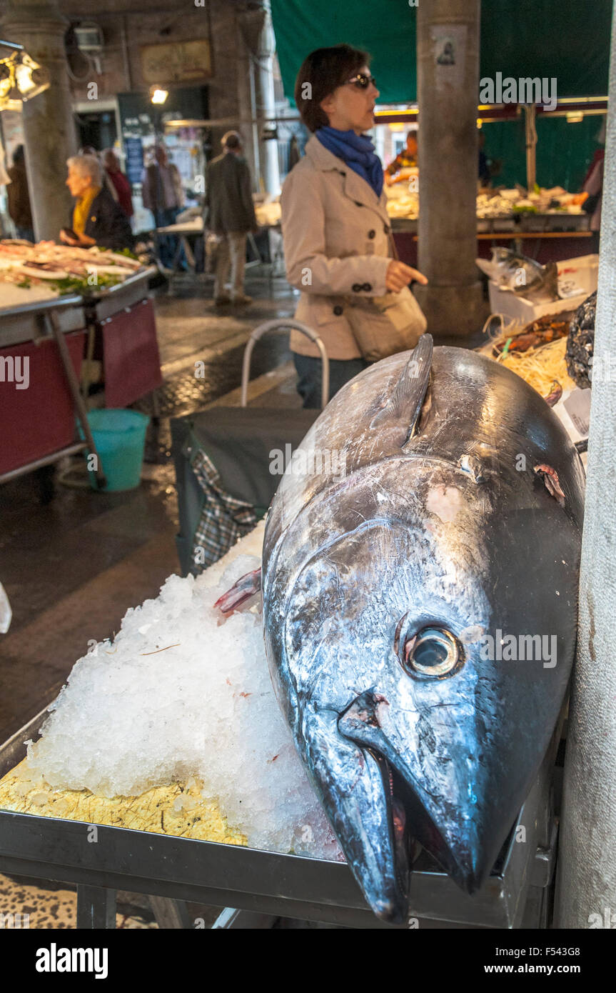 Frau shopping für Fisch in der Pescheria Fisch Markt der Mercato di Rialto, Venedig, Italien Stockfoto