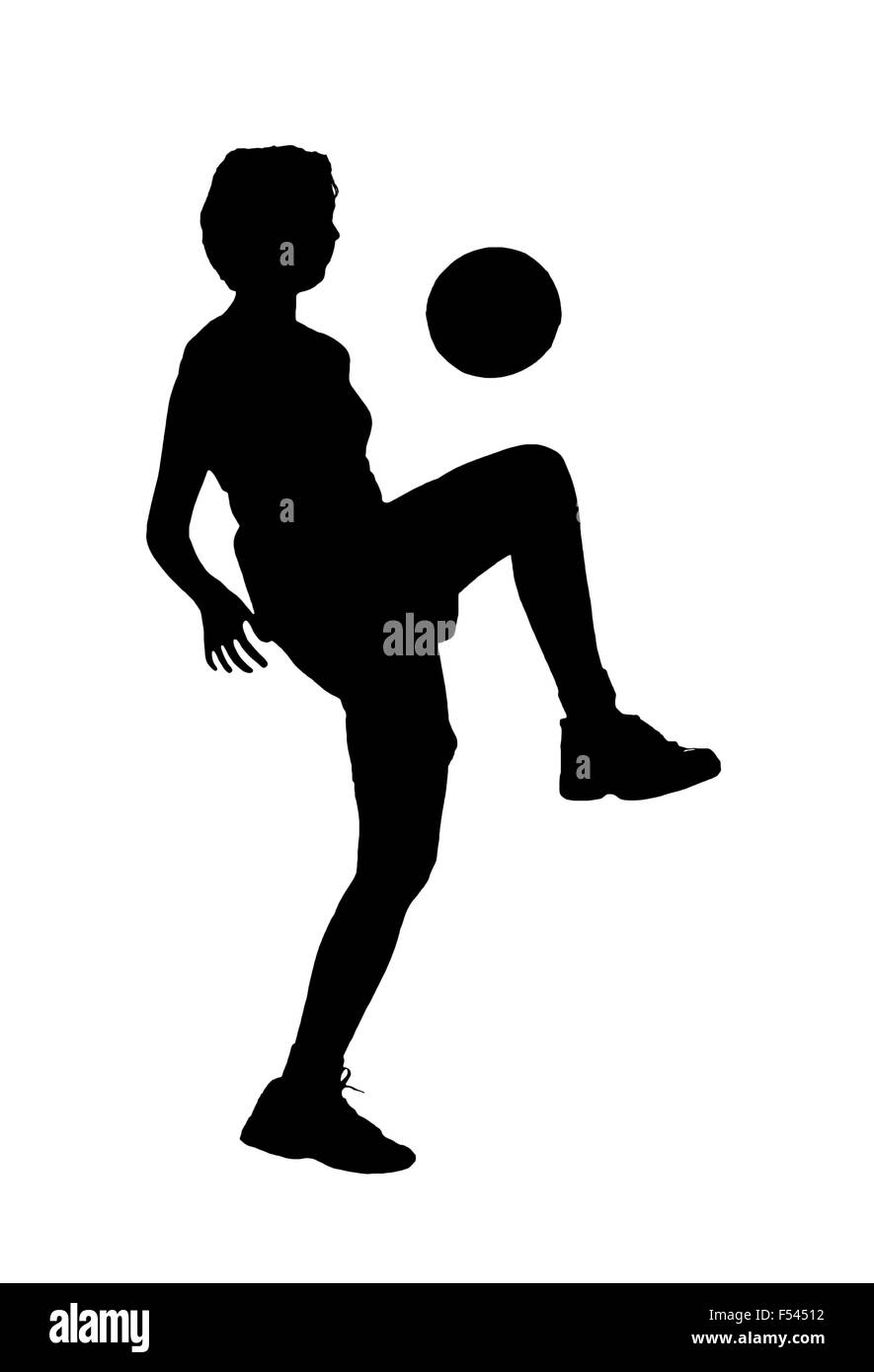 Silhouette eines Mädchens, das Prellen eines Fußballs, schwarz auf weiß Stockfoto