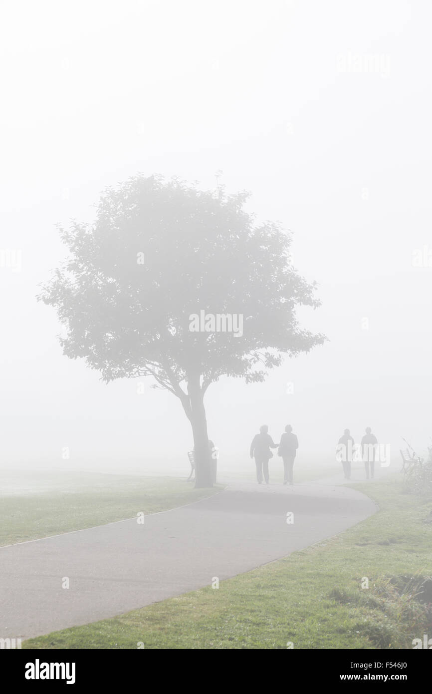 Zwei Paare, die einen Weg im Nebel entlang gehen, Schottland, Großbritannien Stockfoto