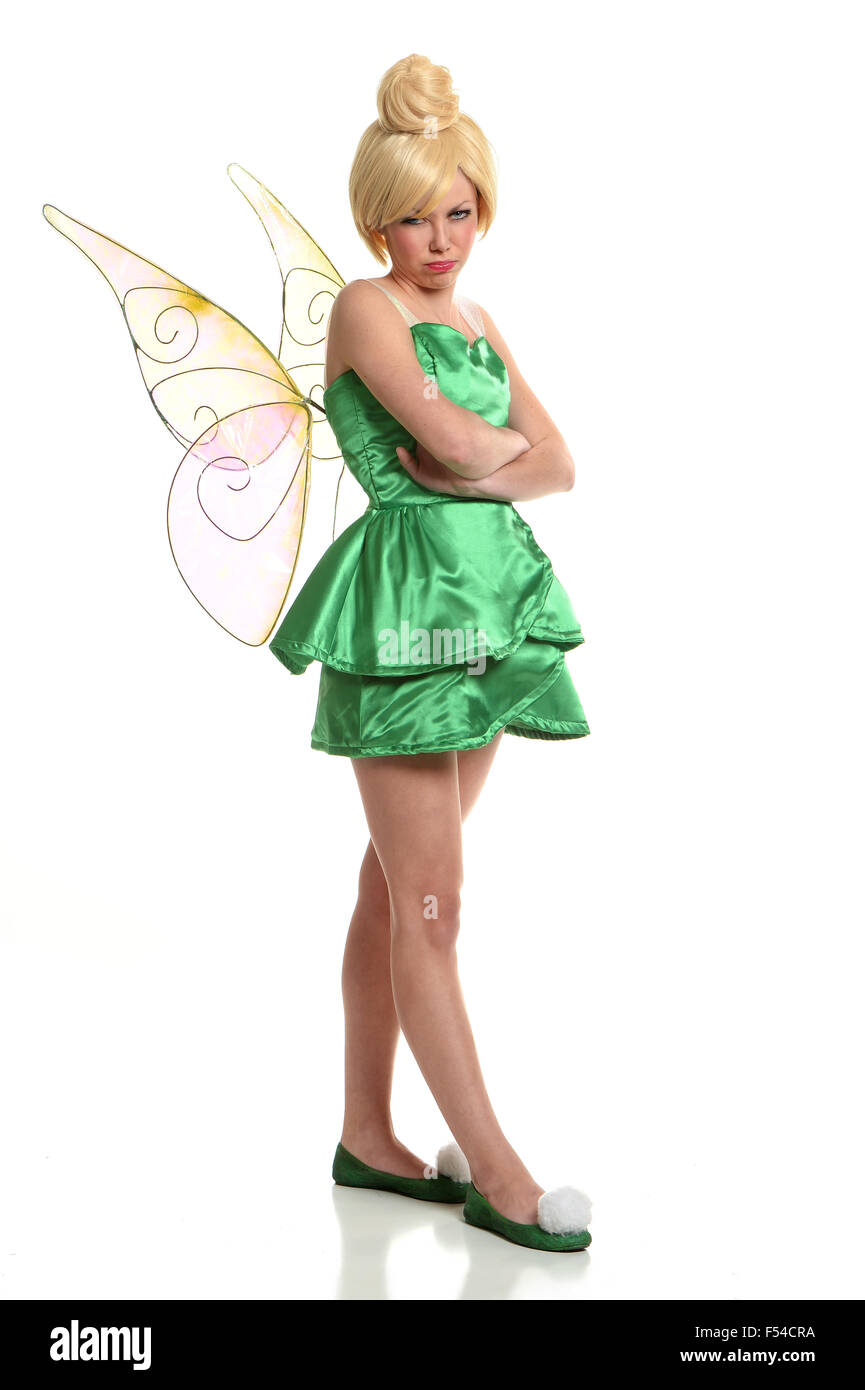 Porträt der jungen Frau im Kostüm zeigt Unmut über weißen Hintergrund isoliert Stockfoto