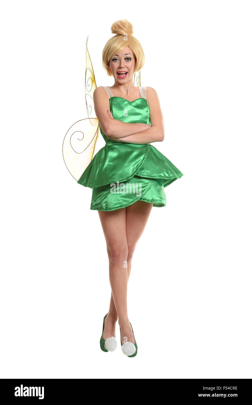 Junge Frau, gekleidet in mythologischen Wesen in Luft isoliert auf weißem Hintergrund schweben Stockfoto