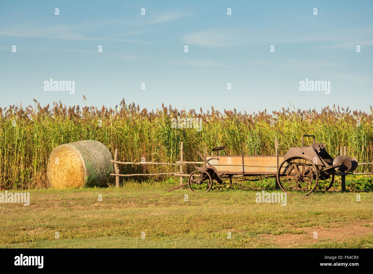 Eine antike Miststreuer und ein Rundballen Heu vor einem Sorghum-Feld - einen landwirtschaftlichen Hintergrund Stockfoto
