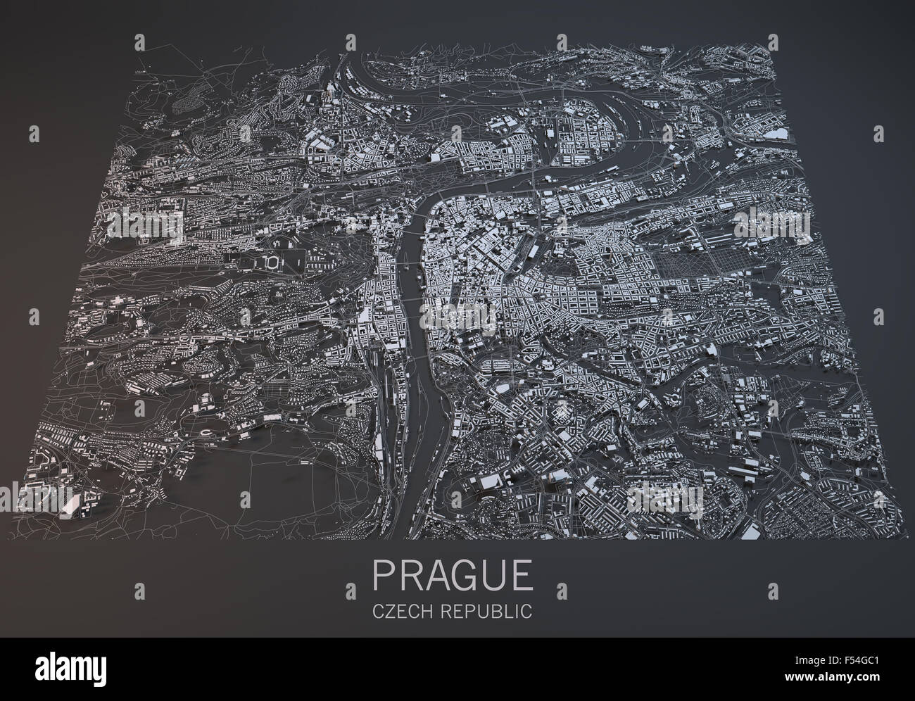 Karte von Prag, Tschechische Republik, Satellitenansicht, Karte in 3d Stockfoto