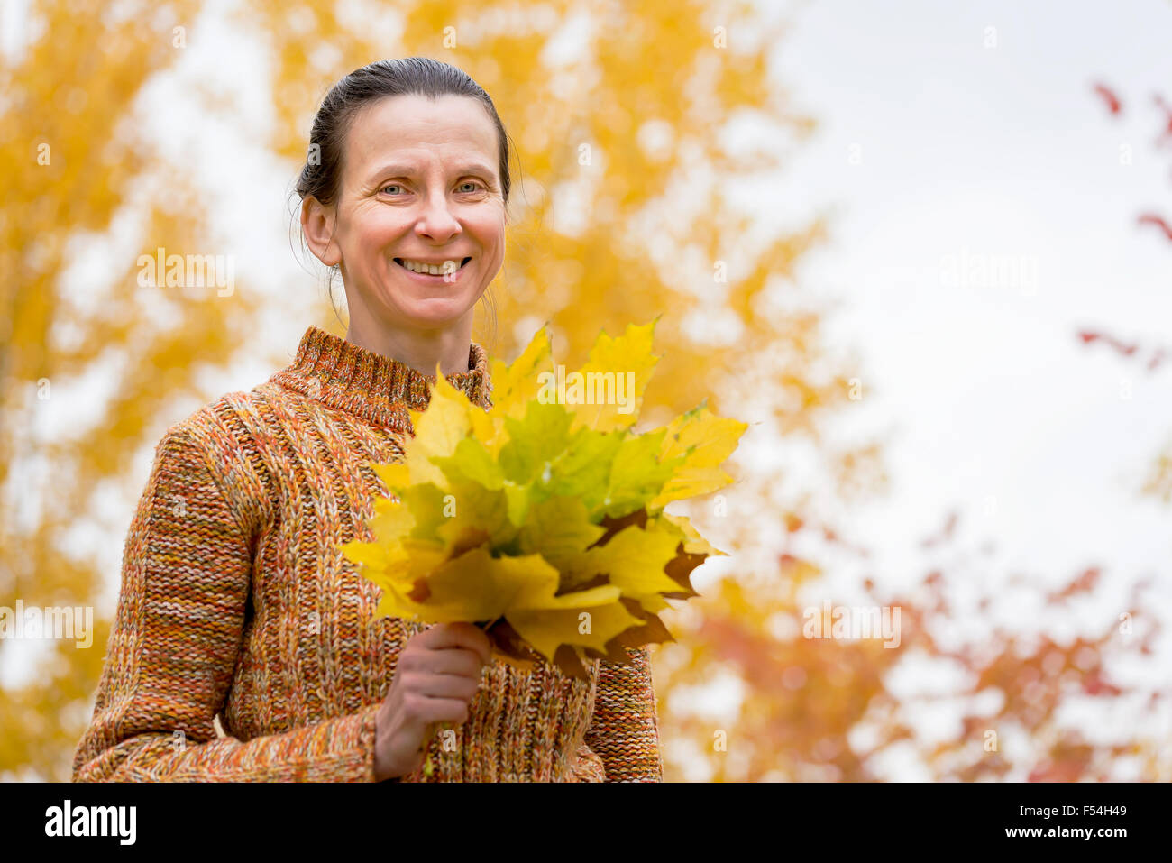 Eine lächelnde Kaukasische Frau pflückt gelbe Ahornblätter im Herbst im park Stockfoto