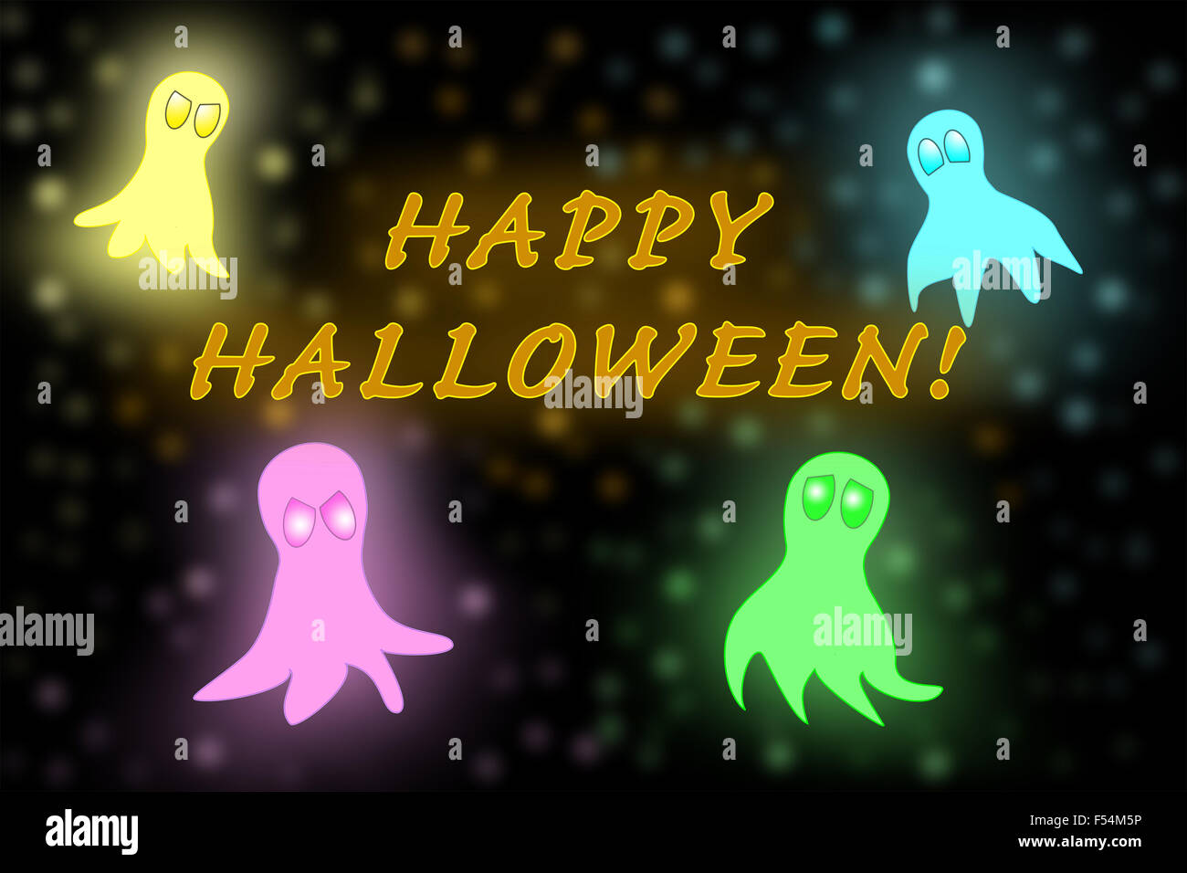 Halloween Geister im Dunkeln in hellen Farben und magische Glitter mit Text Happy Halloween Stockfoto Halloween Geister im Dunkeln in hellen Farben und magische Glitter mit Text Happy Halloween Stockfoto
