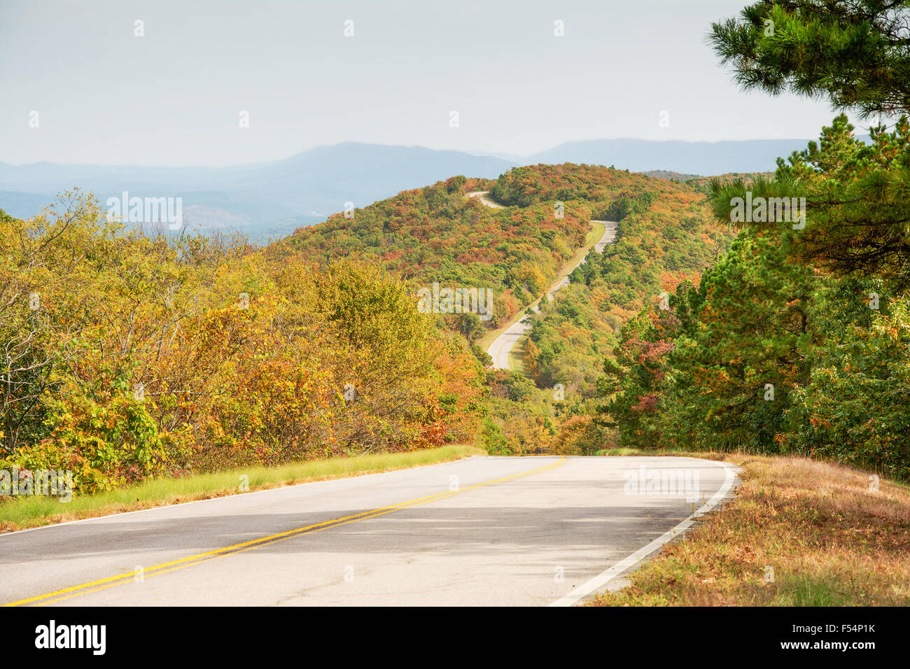 Talimena scenic Byway Verdrehung auf dem Kamm des Berges, mit Bäumen in Herbstfarben Stockfoto