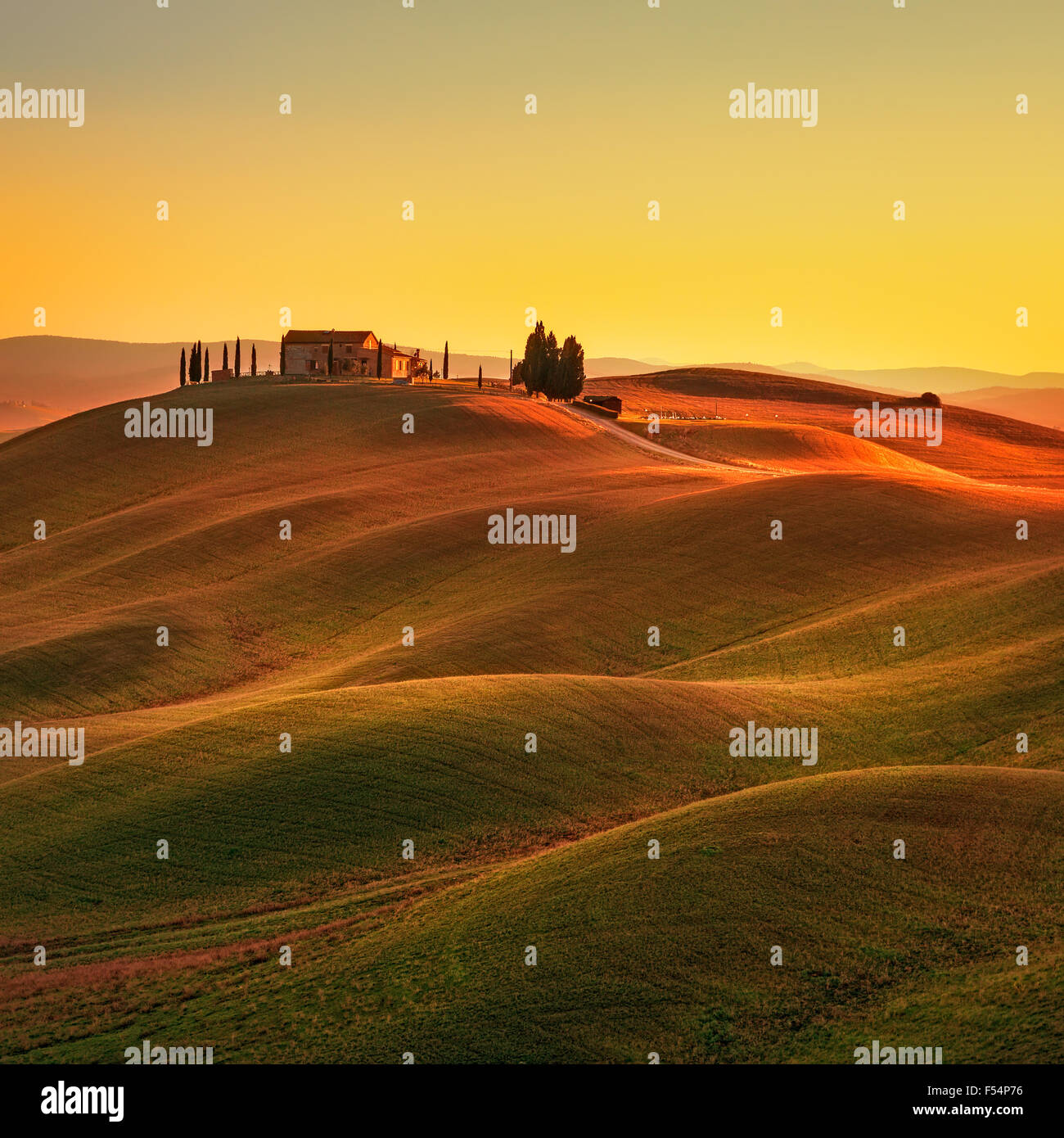 Toskana, Landschaft im Land der Crete Senesi. Rolling Hills, Landschaft Bauernhof, Zypressen Bäumen, grünen Wiese auf warmen Sonnenuntergang. Stockfoto