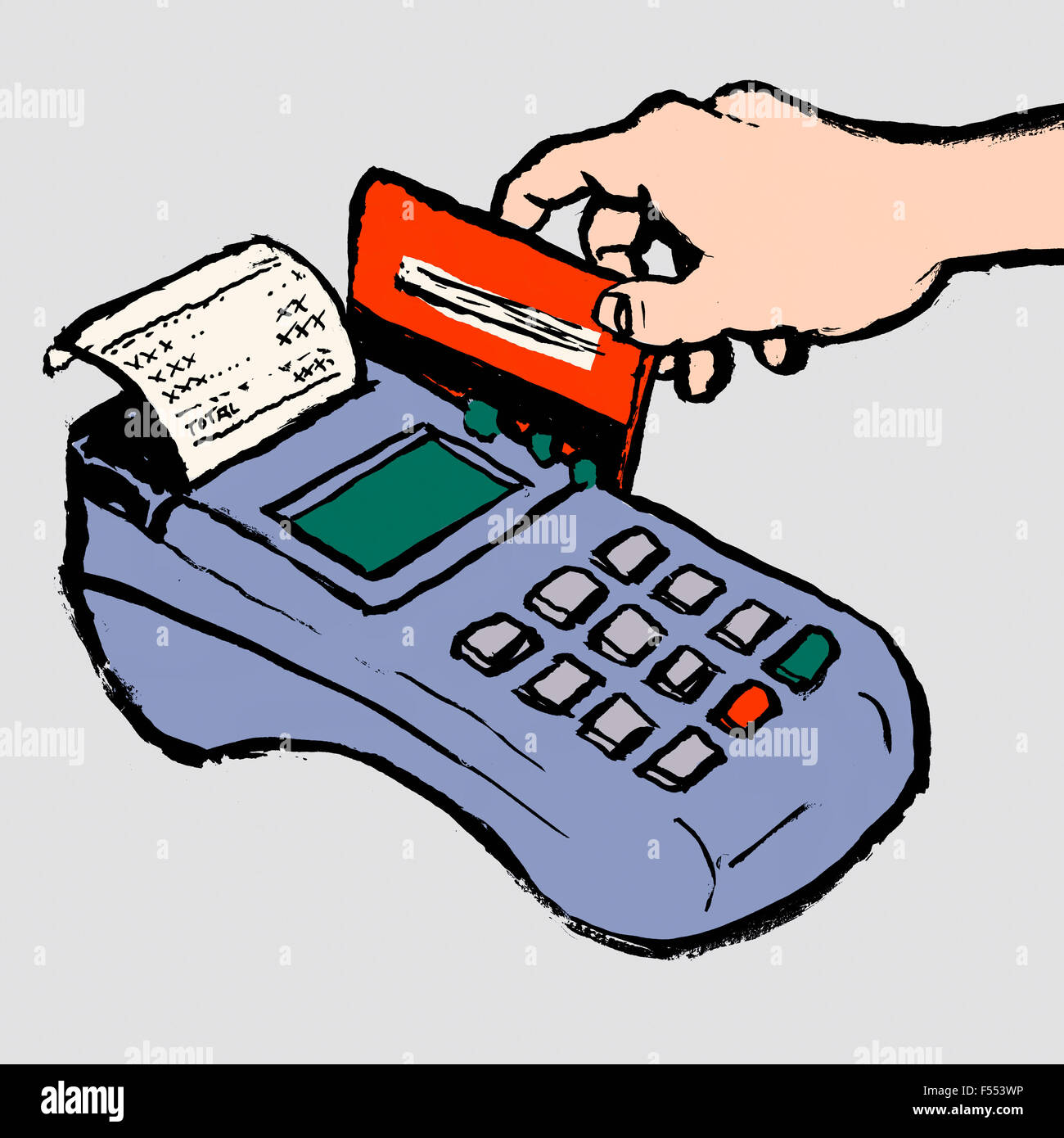 Abbildung von Hand streichen Kreditkarte im Reader vor grauem Hintergrund Stockfoto