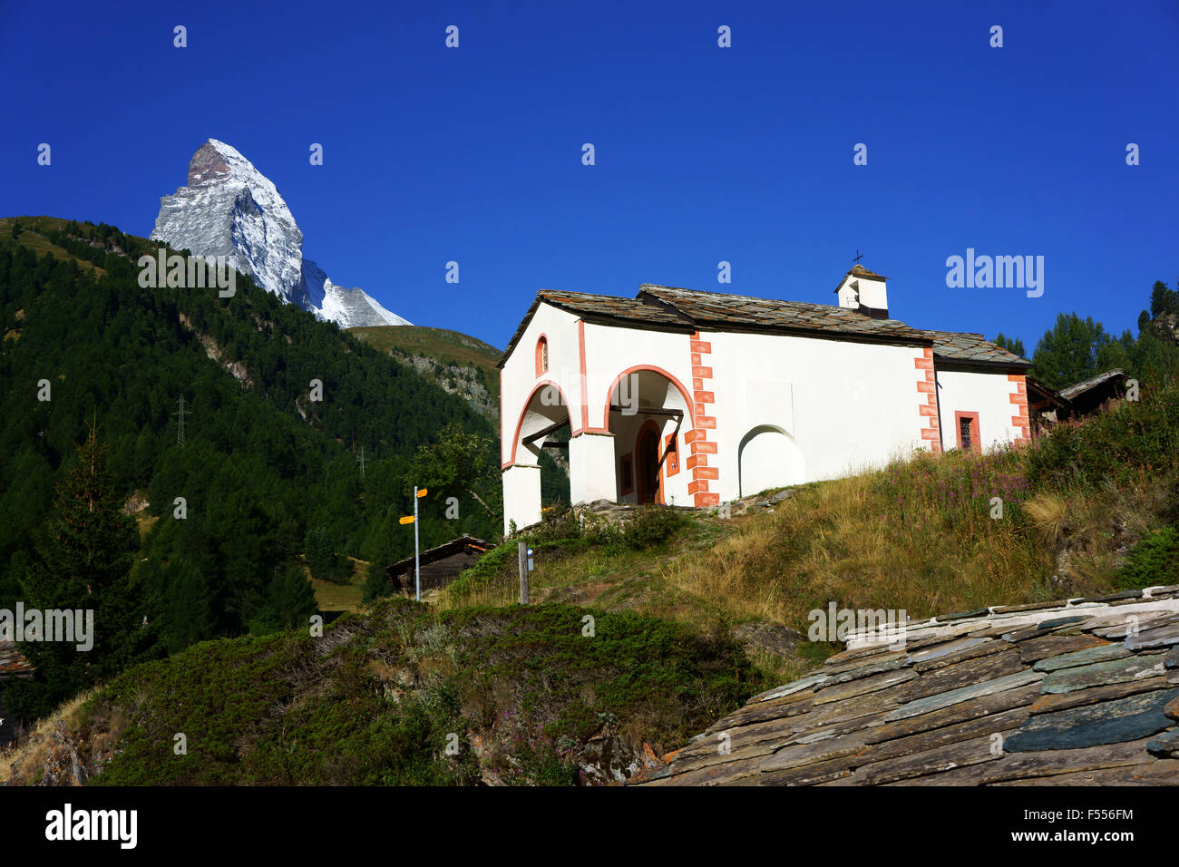 Kapelle in Blatten mit Matterhorn, Zermatt, Wallis oder Wallis, Schweizer Alpen, Schweiz Stockfoto