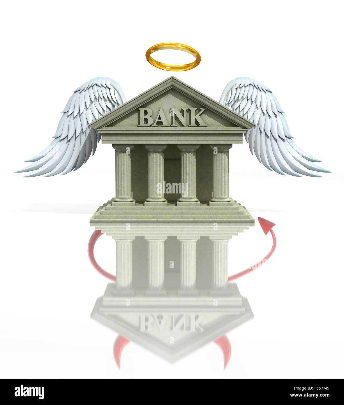 Banking Probleme 3d Konzept - Engel Bank gesehen als Teufel Bank in Reflexion Stockfoto
