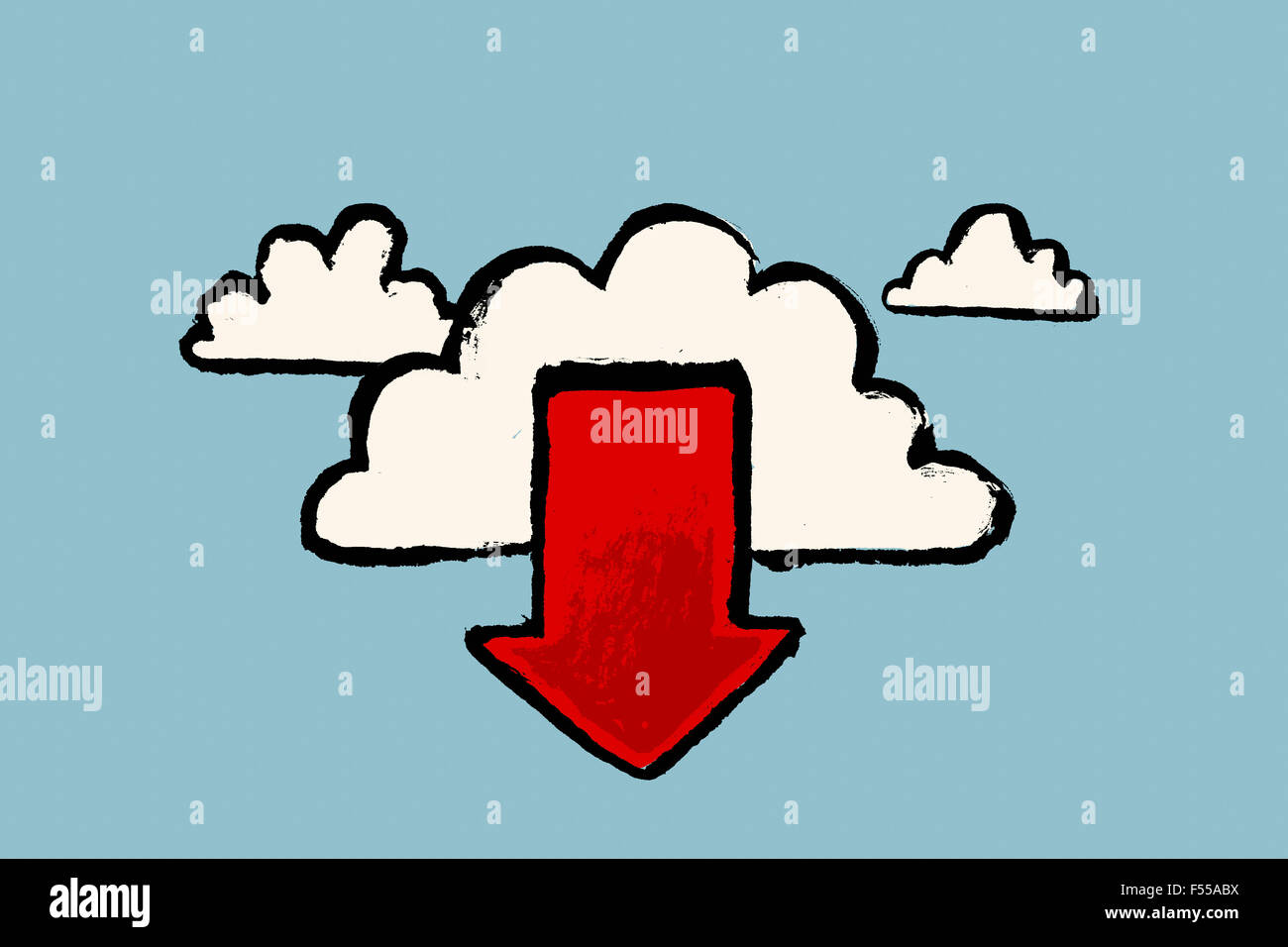 Darstellung von Wolken und rote Pfeilsymbol vor blauem Hintergrund Stockfoto
