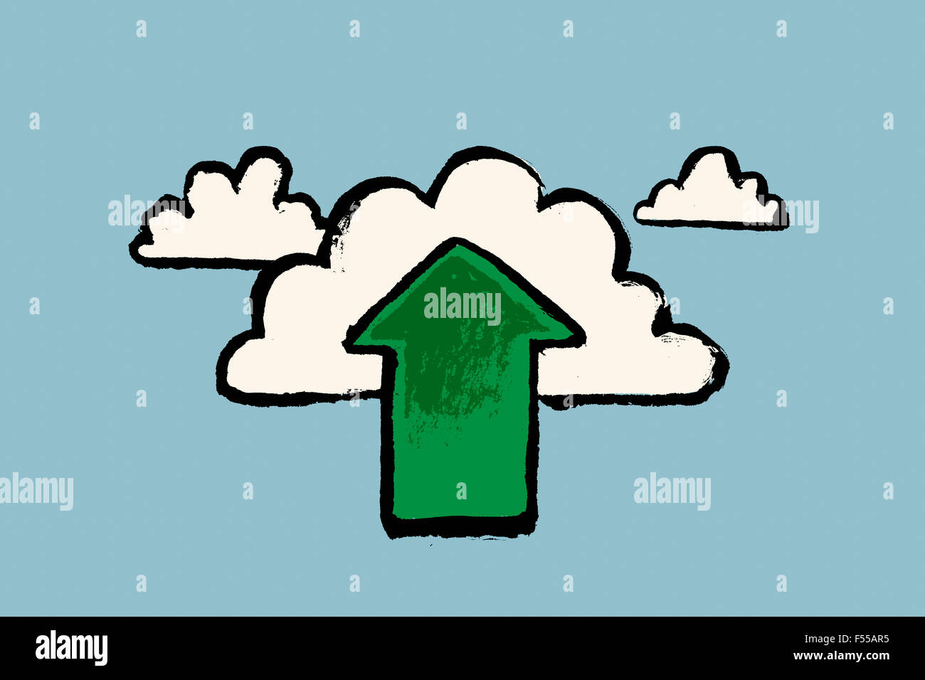 Darstellung von Wolken und grüne Pfeilsymbol vor blauem Hintergrund Stockfoto