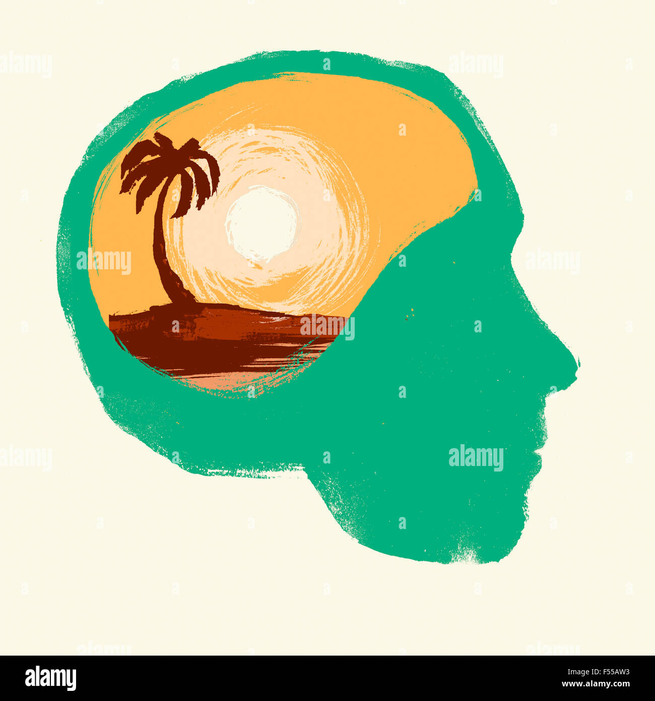 Illustration des menschlichen Kopfes vor weißem Hintergrund stellvertretend für Urlaub Konzept Stockfoto