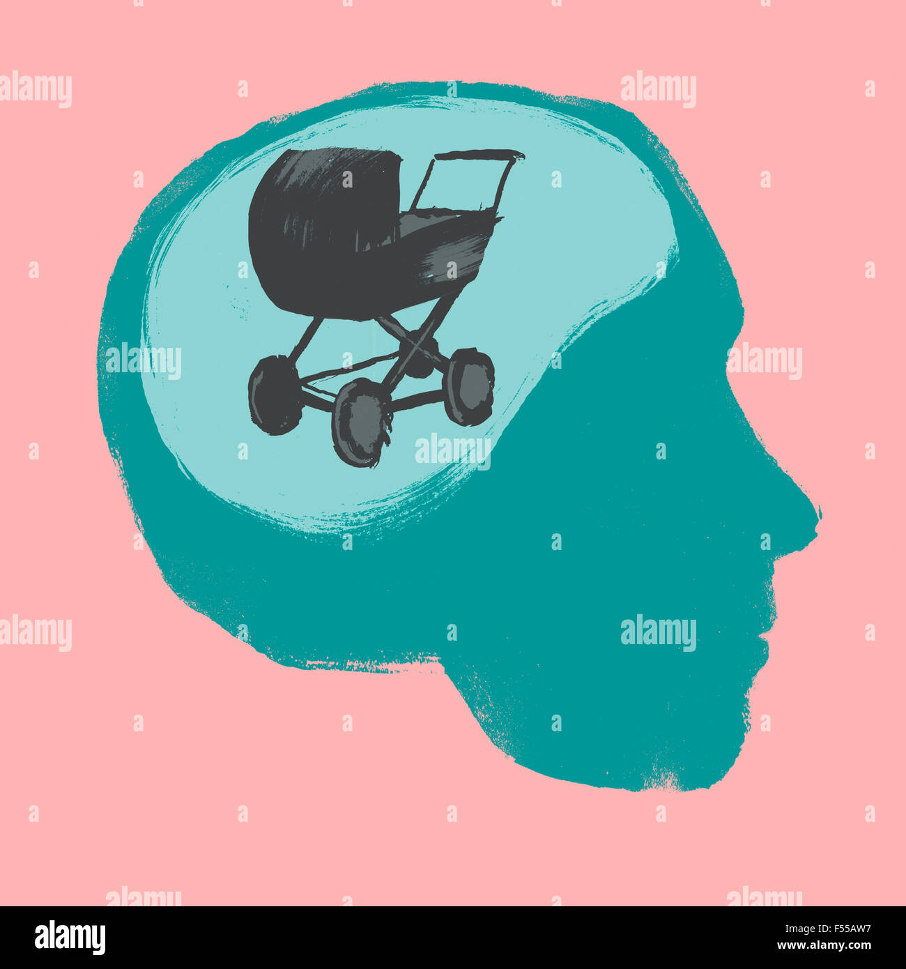 Illustration der Kinderwagen im menschlichen Gehirn vor rosa Hintergrund Stockfoto