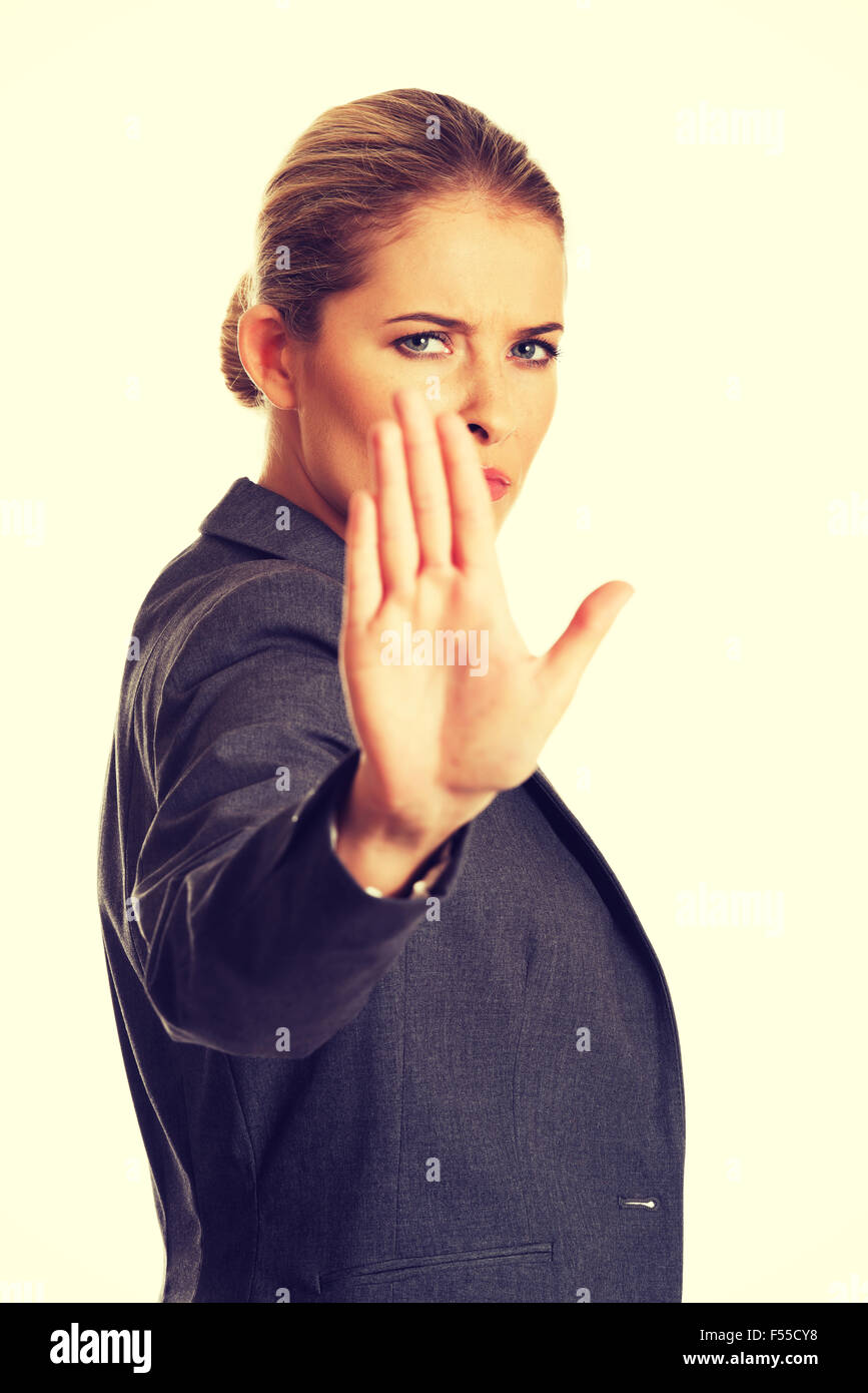 Frau macht ein Stop-Schild mit der hand Stockfoto