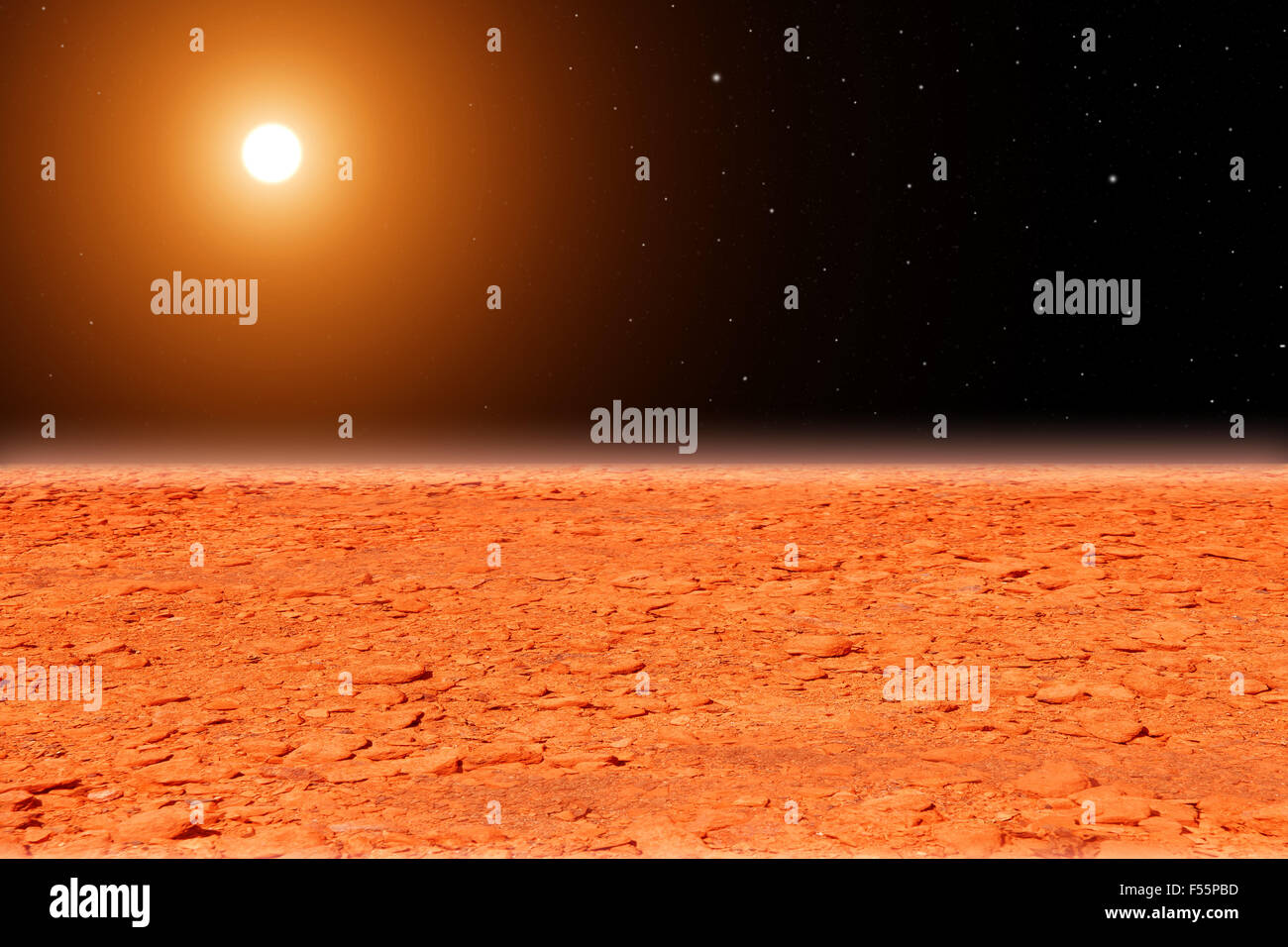 Oberfläche des Mars mit der Sonne Stockfoto