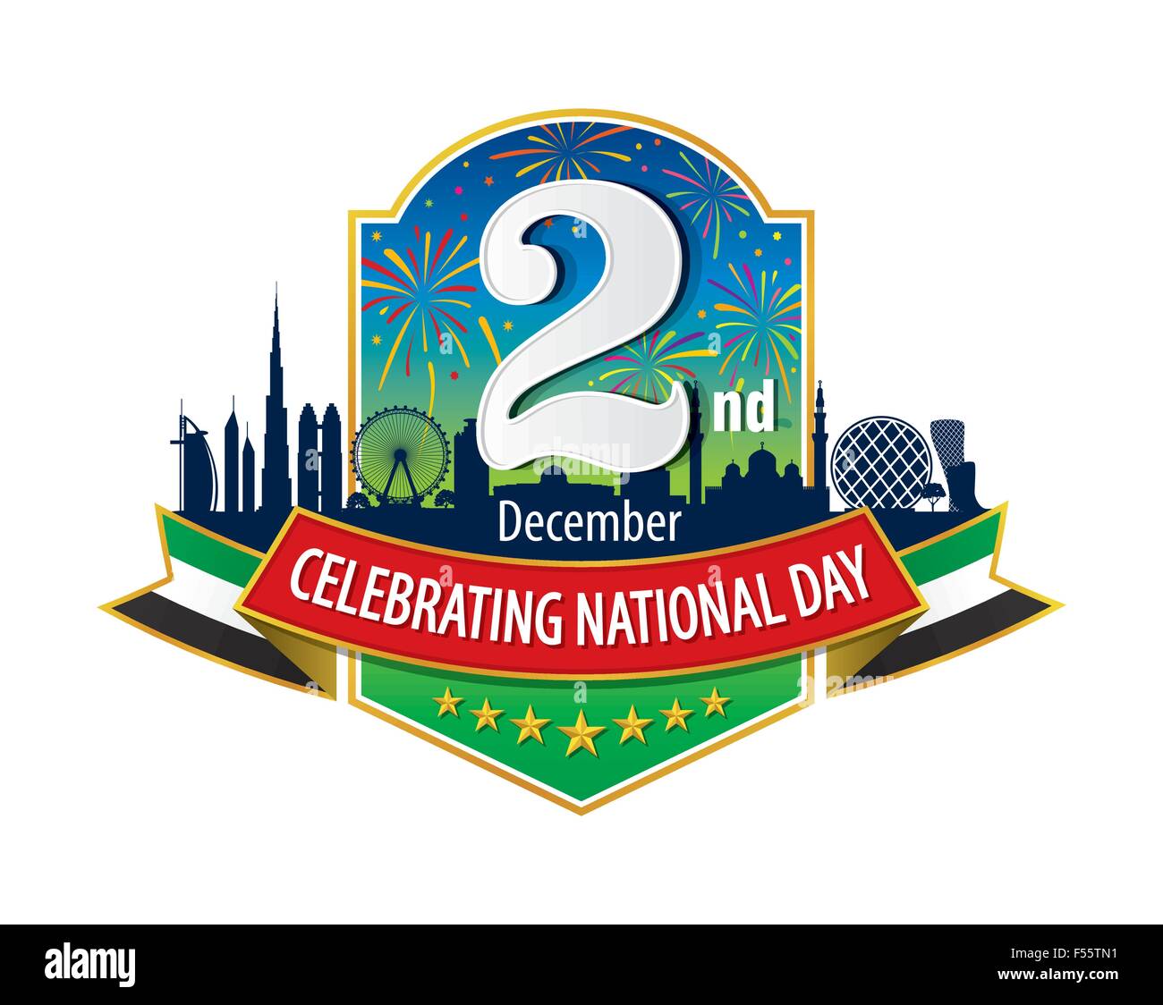 VAE 2. Dezember-Logo mit Skyline & Feuerwerk, eine Inschrift in Englisch "Nationalfeiertag feiern" Stock Vektor