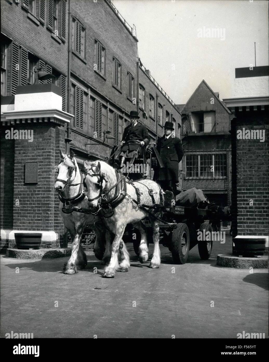 1968 - Royal und souverän bei ihrem regulären Job des Ziehens der Brauer Dray. Fahrer Charles Strickland hat die Zügel und Trouncer Charles Gibbons steht hinter die Brauerei zur Versorgung liefern verlassen. Brewer es Pferde wird nehmen die Lautsprecher zu The Abbey für die Krönung: einer der ältesten und buntesten Trainer in die Krönungsprozession abzuwarten werden The Speaker Coach, der so schwer ist, dass Brewer es Blockwagen Pferde ziehen erforderlich. Ausgewählt für diese wichtige Aufgabe sind zwei feine 6-j hrige grau, Royal und souverän, deren normale als Brauer Dray für Whitbreads zu ziehen ist Stockfoto