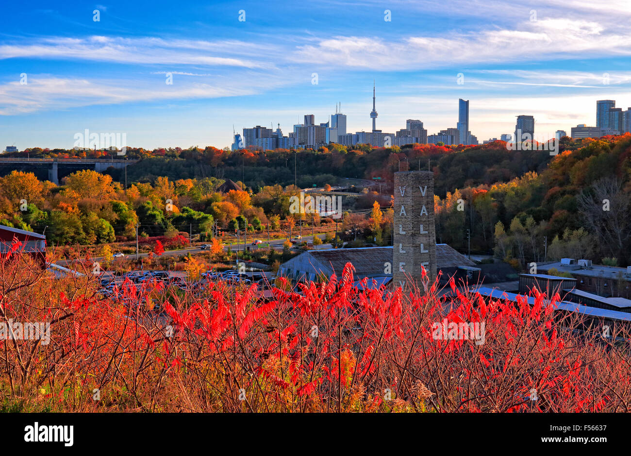 Toronto Skyline mit Don Valley Parkway und immergrünen Ziegelei im Vordergrund Stockfoto