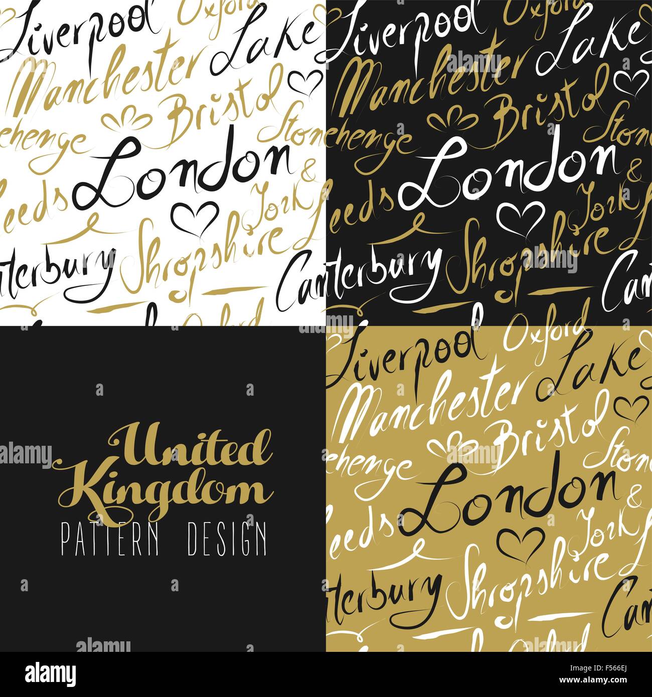 Reisen Sie England UK berühmte Städte mit handgefertigten Kalligraphie. London City, Manchester, Liverpool, Oxford, Bristol. Nahtlose Muster Stock Vektor