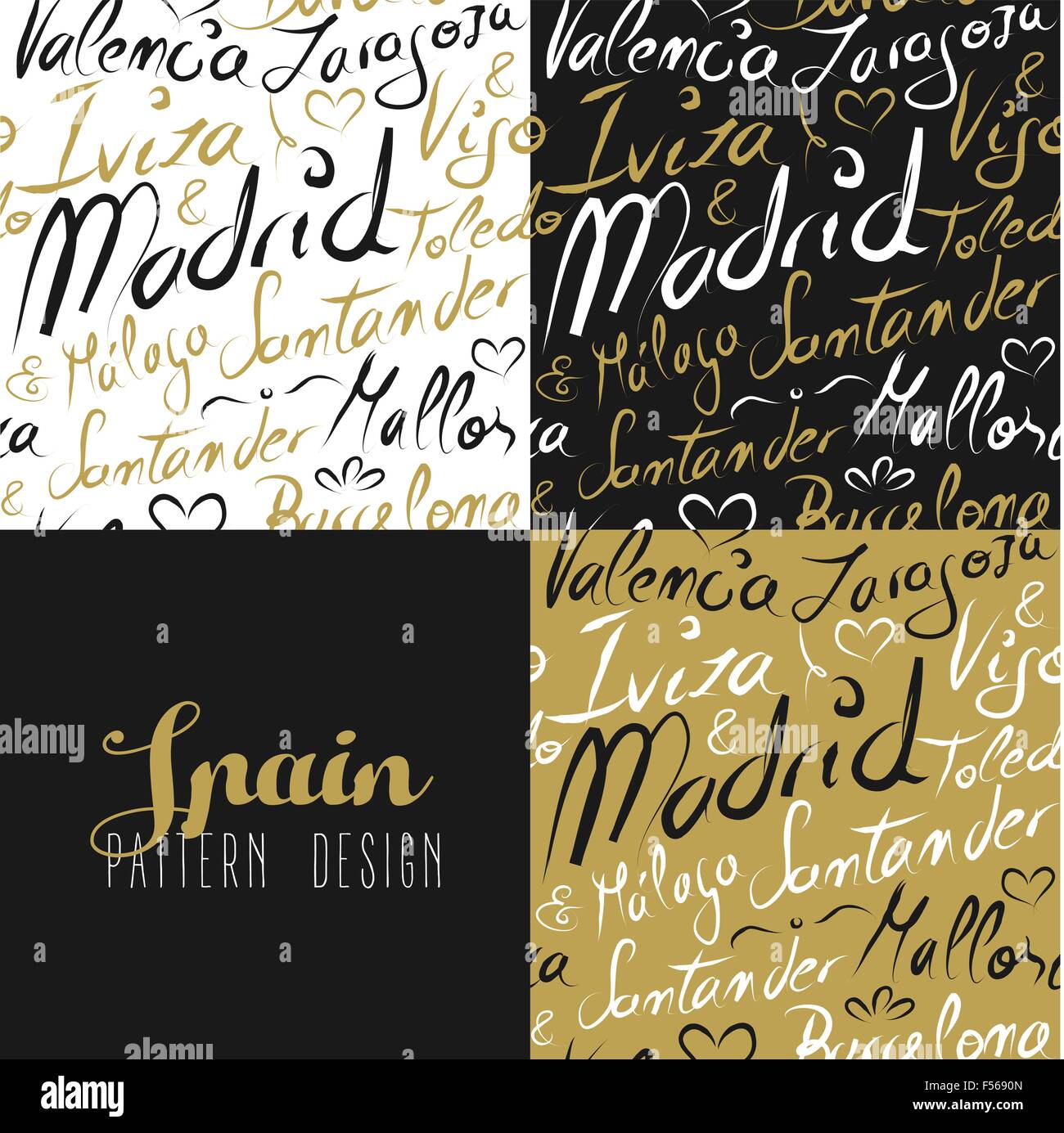 Reisen Sie Spanien Europa berühmte Städte mit handgefertigten Kalligraphie. Stadt Madrid, Barcelona, Mallorca, Toledo, Santander. Stock Vektor