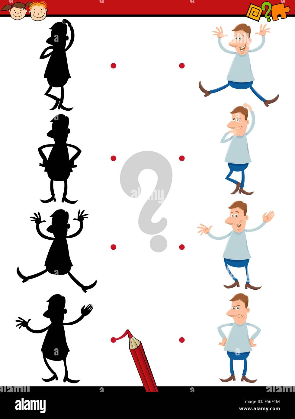 Cartoon Illustration der pädagogischen Schatten Aufgabe für Kinder mit lustigen Mann Zeichen Stock Vektor