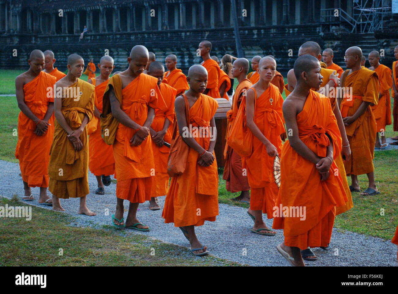 Linie der buddhistischen Mönche Spaziergang vorbei an Angkor Wat Komplex. Angkor Wat war zunächst ein Hindu, dann anschließend eine buddhistische Tempelanlage. Stockfoto